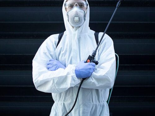 Person in white chemical protection suit holding sprayer with di